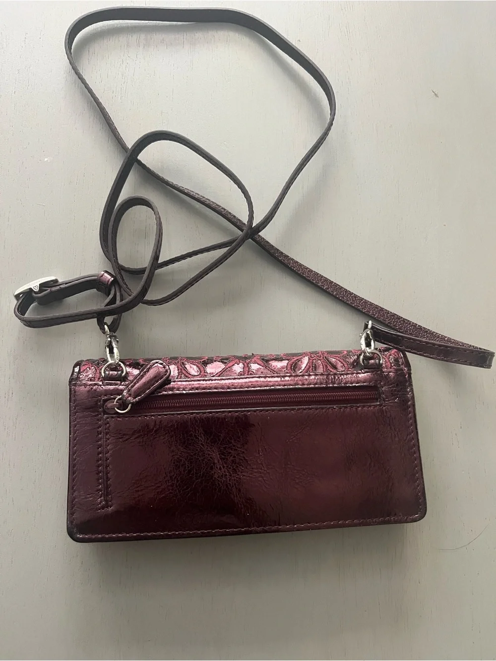 Brighton Metallic Plum Patent Leather Floral Embroidered Crossbody Wallet / Bag